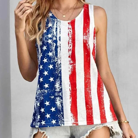 PATRIOTIC NWOT WOMENS RED WHITE BLUE FLAG TANK TOP SHIRT SUMMER FALL SZ S M - Picture 1 of 5